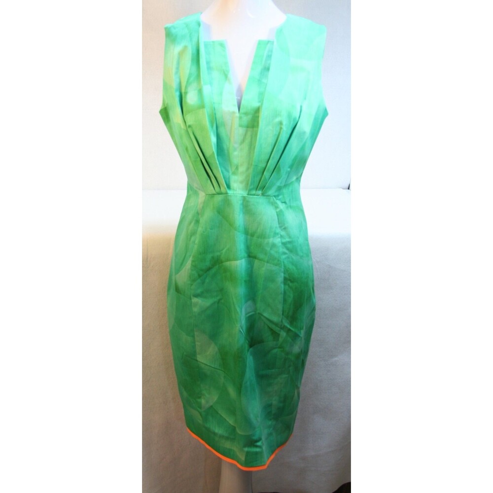 Elie Tahari Womens Green Sheath Dress Orange Trim Sleeveless Pleat NEW tag sz 8